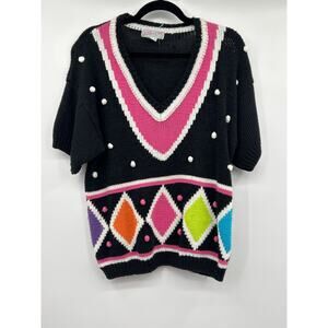 Spice of Life Women’s Short Sleeve 80s 90s Quirky Whimsy Sweater Size M Dopamine